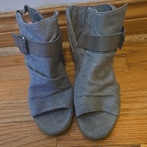Gray Open-Toe Buckle Ankle Boots